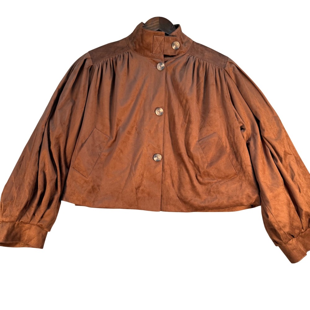 Steve Madden Womens Cognac Faux Suede Cropped Puff Sleeve Jacket Small